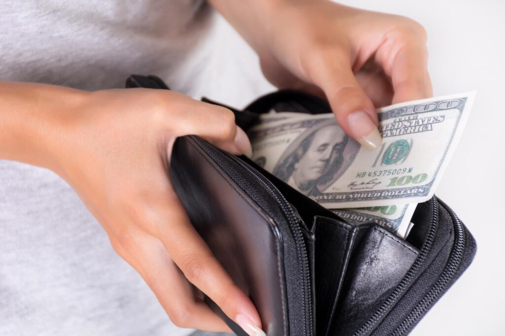 Female Hand Hold A Black Purse With America Dollars And Pay. Economy And Shop