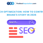 Banner with AI search optimization: How to Control Your Brand’s Story in 2026, featuring a search bar, SEO graphic, and TheBestReputation.com logo. Blue and red design accents highlight the corners for a bold, modern look.