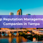 A vibrant cityscape of Tampa at sunset features the text Reputation Management Companies in Tampa displayed over a bold purple banner centered in the image.