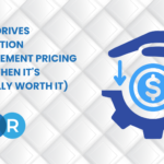 Blue icons of a hand, gear, and dollar sign appear beside the text: What drives reputation management pricing (and when it’s actually worth it), with the TBR logo on a white patterned background.