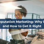 A smiling woman stands in a bright office, looking at a tablet. Overlaid text reads, Online Reputation Marketing: Why It Matters and How to Get It Right, emphasizing the growing importance of managing your brand’s image online.