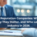 Two people in business suits sit at a table with documents and a tablet. A blue banner with white text describes a discussion about Internet Reputation Management Companies and industry leaders in 2026.