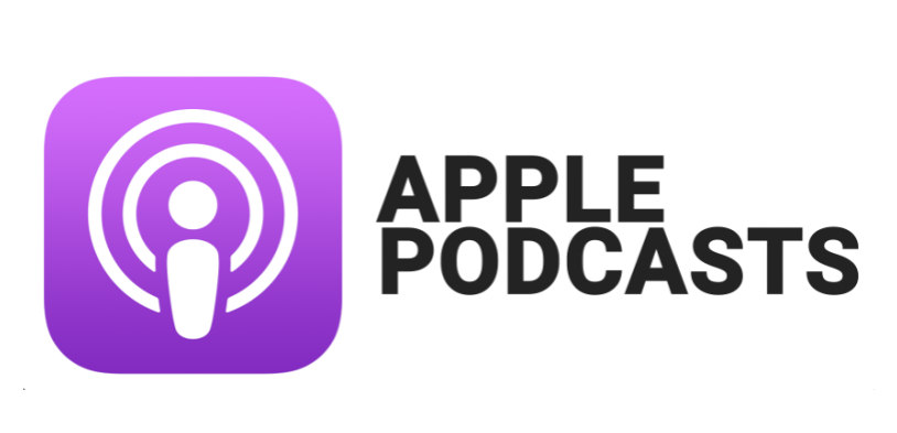 Apple Podcasts logo featuring a purple square icon with white broadcast signal circles and a central figure, representing a podcast, next to bold black text reading APPLE PODCASTS on a white background.