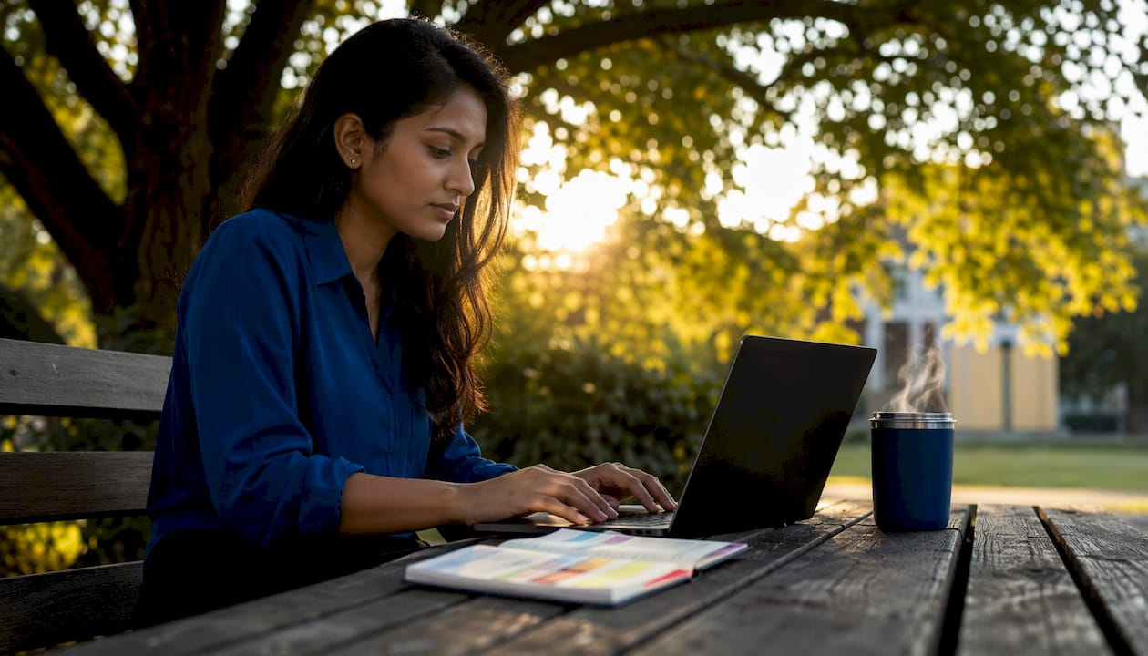 Woman working on SEO strategies in coffee shop