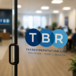 Glass office door with TBR in blue circles and THEBESTREPUTATION.COM plus the words REPUTATION | TRUST | RESULTS. Office with people working at desks is visible through the glass, reflecting the professional environment of TheBestReputation. About TheBestReputation: Committed to excellence, our team fosters a culture of trust and results you can see through every workspace interaction.