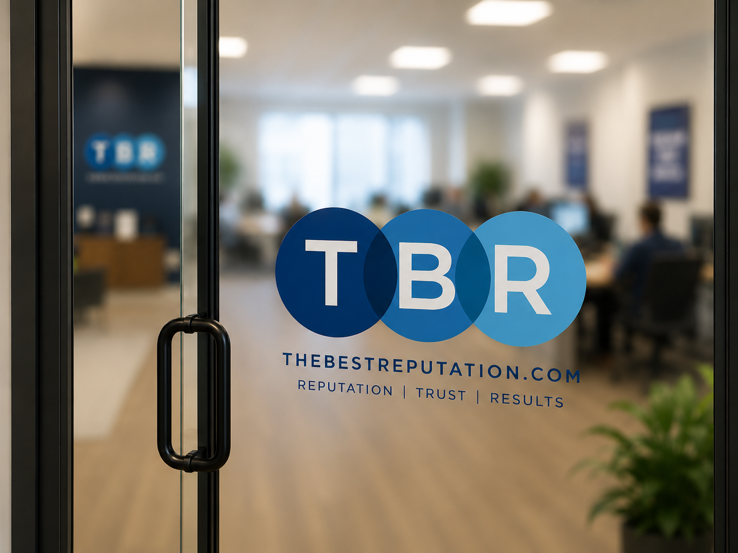 Glass office door with TBR in blue circles and THEBESTREPUTATION.COM plus the words REPUTATION | TRUST | RESULTS. Office with people working at desks is visible through the glass, reflecting the professional environment of TheBestReputation. About TheBestReputation: Committed to excellence, our team fosters a culture of trust and results you can see through every workspace interaction.