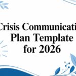 Blue and white graphic with leaves, a megaphone, and text reading Crisis Communication Plan Template for 2026, perfect for organizing your crisis communication plan template needs.