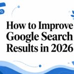 Text reads how to improve Google search results in 2026, featuring blue illustrations of a search bar, magnifying glass, leaves, and an upward graph arrow on a white background. This visual highlights key strategies for those seeking guidance on how to improve Google search results effectively in the evolving digital landscape.