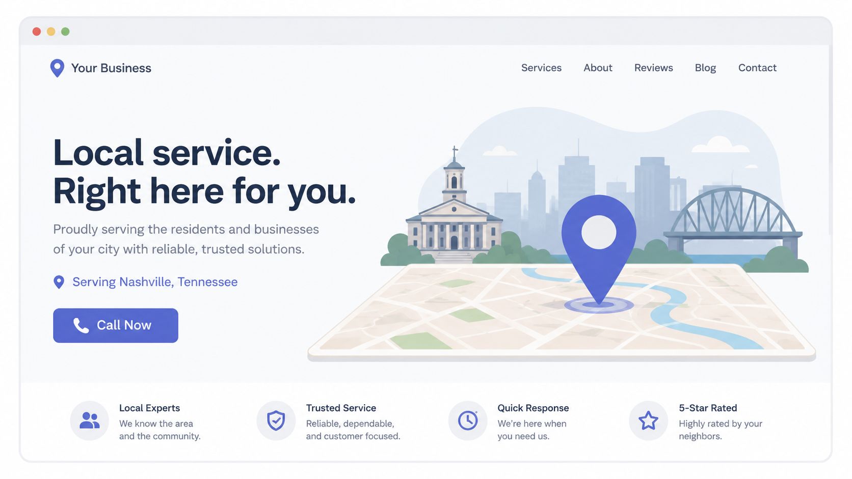 A professional business website landing page featuring a map illustration of Nashville, Tennessee with service benefits.