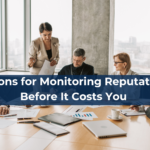 Five people in business attire sit around a conference table with charts and laptops, actively engaging in a discussion. One woman stands at the head of the table, confidently leading the meeting on Monitoring Reputation Risk. Text overlay reads, 7 Solutions for Monitoring Reputation Risk Before It Costs You.