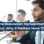 Four people in business attire sit at a conference table with microphones, ready to discuss crucial strategies. An American flag is visible, reinforcing the weight of the topic. Text overlay reads: Online Reputation Management for Politicians: Why It Matters More Than Ever. This scene highlights how Online Reputation Management for Politicians is essential in today’s fast-paced digital landscape, where every word and action can shape public perception instantly.