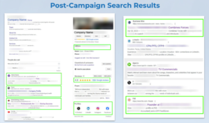 Screenshot showing post-campaign search results for a company, with highlighted sections including company profile, reviews, website links, media articles, and founder information on a search engine results page—a comprehensive example of Reputation Management for Wealth Management Firm strategies in action.