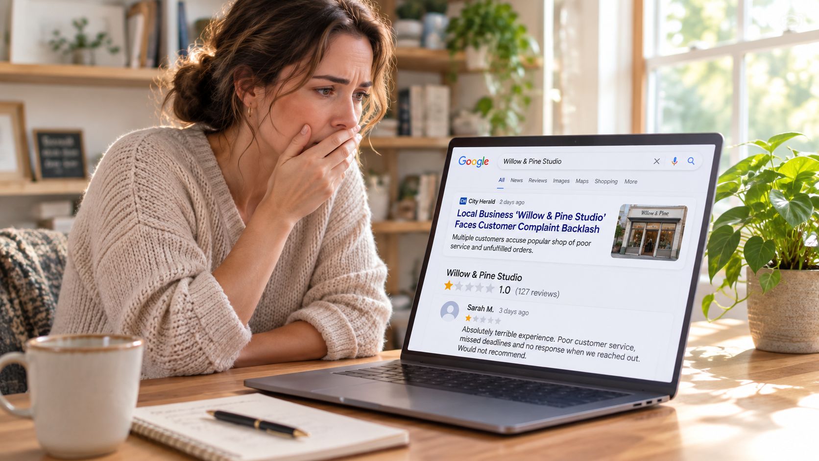 A distressed woman sits at a desk looking at a laptop showing negative online reviews for her business.