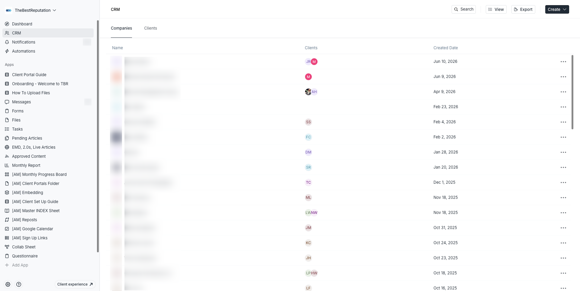 TheBestReputation client portal dashboard showing tasks, content areas, and monthly reports