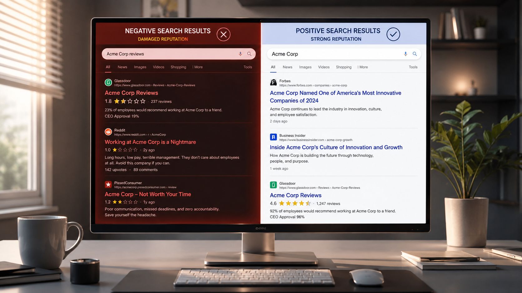 A computer screen displaying a side-by-side comparison of negative and positive search engine results for a company.