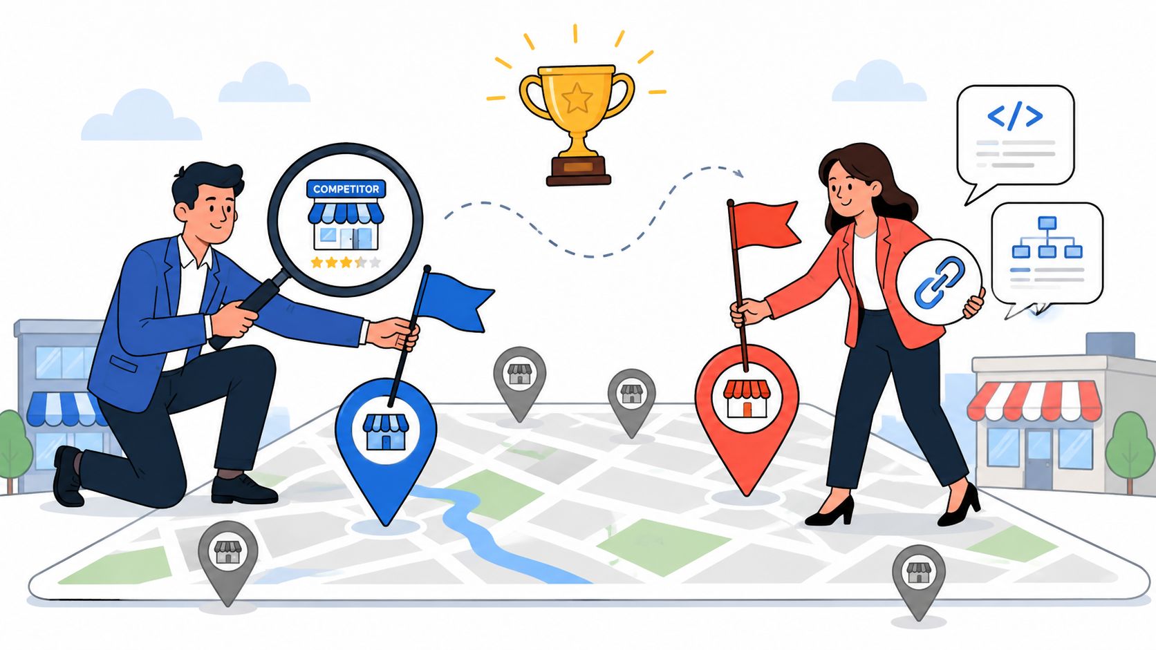 A professional man and woman analyzing map locations to improve business visibility and competitive search rankings.