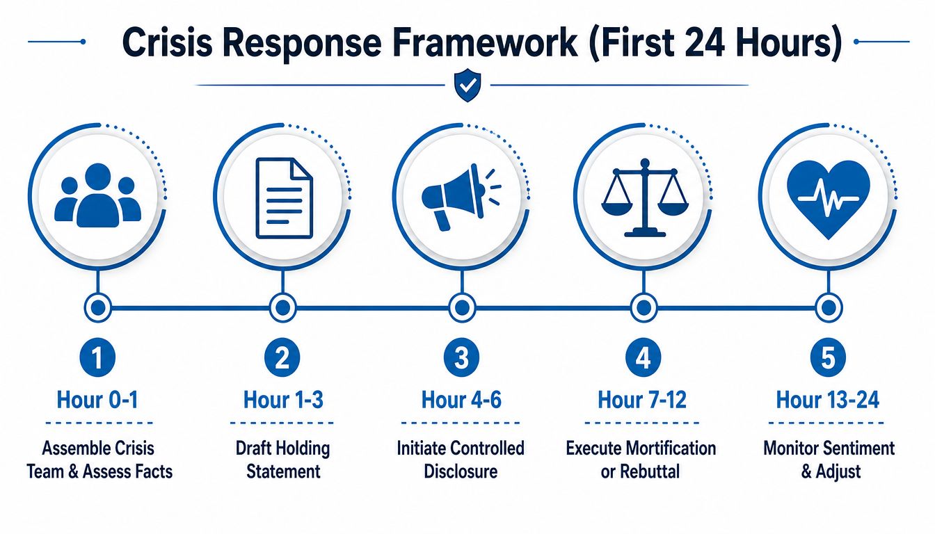 A diagram outlining a five-step crisis response framework for the first twenty-four hours of a situation.