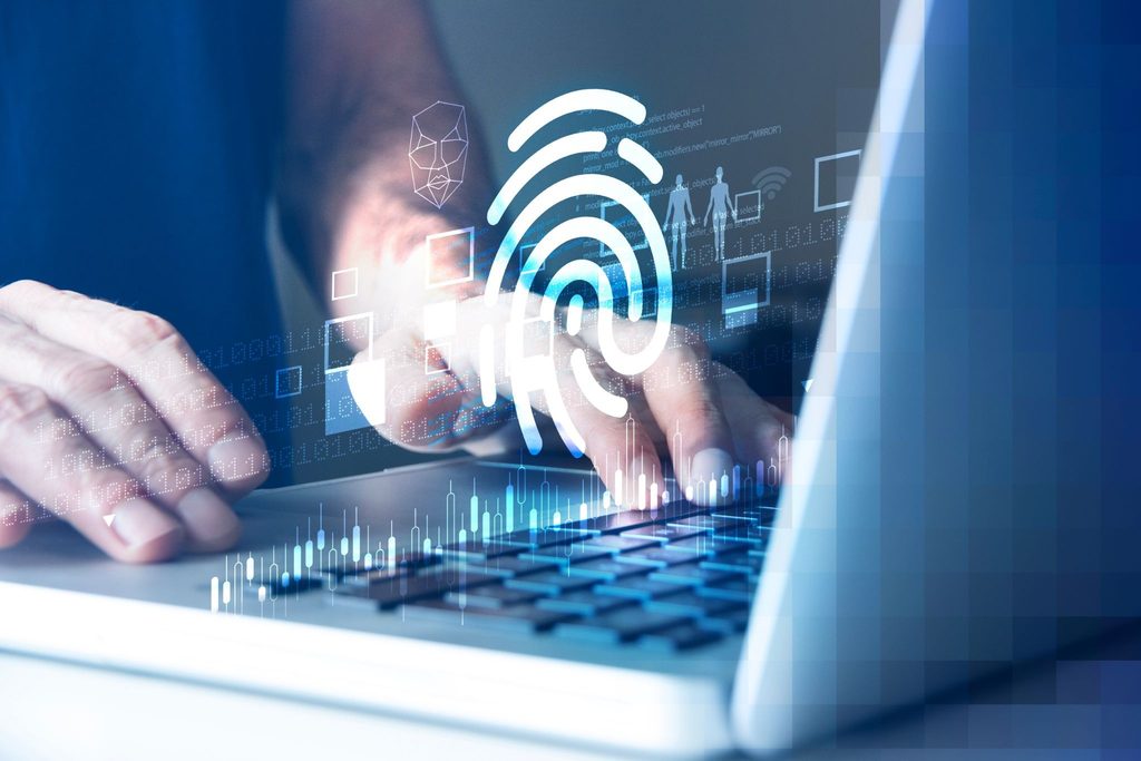 Digital fingerprint and biometric recognition representing cybersecurity and online identity