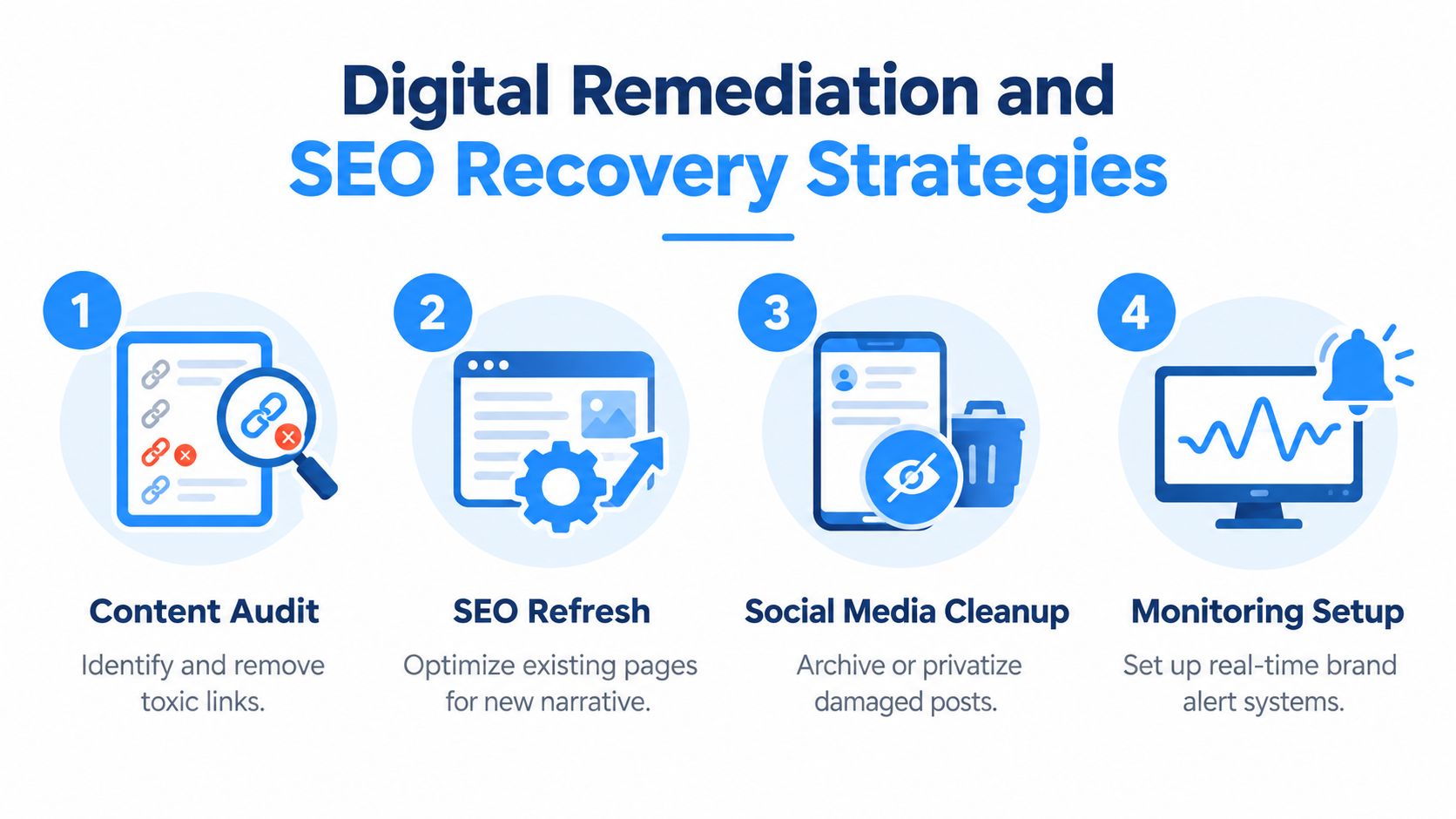 A four-step infographic illustrating digital remediation and SEO recovery strategies for brand reputation management.